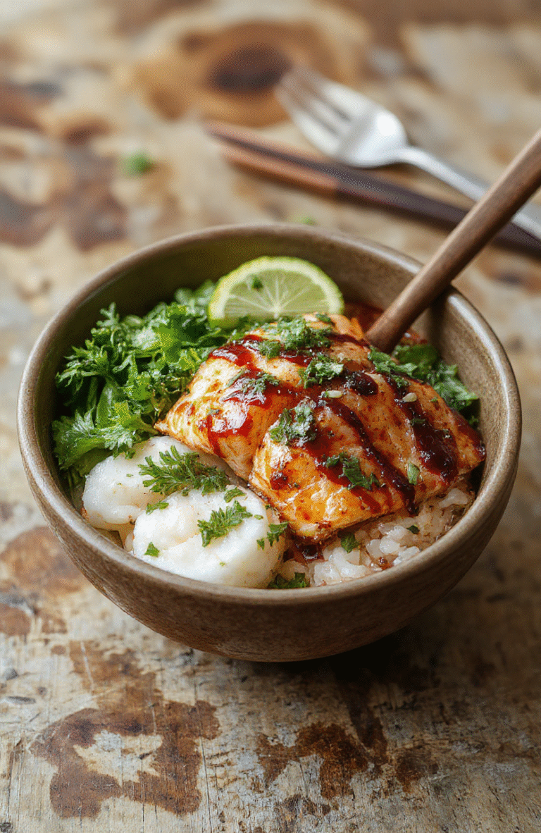 Colorful air fried teriyaki salmon bites arranged beautifully over a bed of steamed white rice, garnished with sliced green onions, sesame seeds, and vibrant vegetables. The dish has a glossy, caramelized glaze with crisp edges on the salmon, complemented by a fresh, bright plating style on a rustic wooden table.