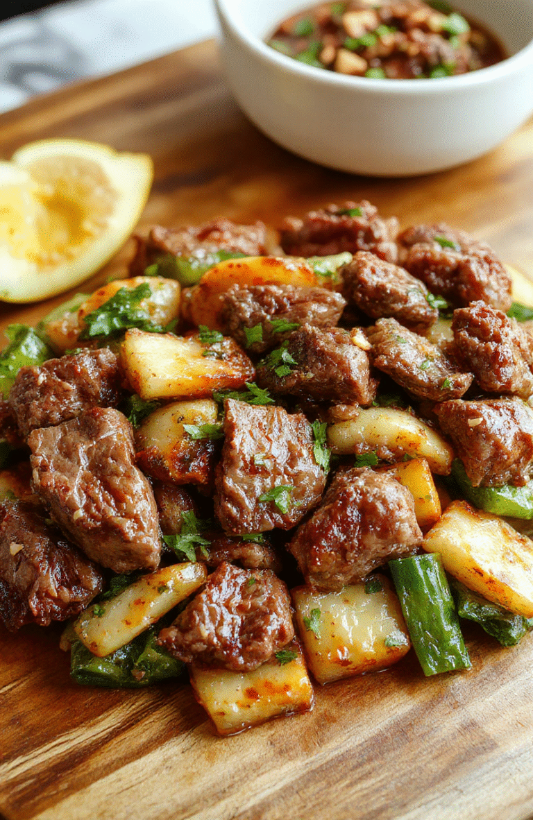 A vibrant plate of beef stir fry featuring tender strips of beef, colorful bell peppers, broccoli, and carrots glazed with a savory sauce on a white ceramic plate, garnished with green onions and sesame seeds, styled simply on a wooden table with natural daylight enhancing the fresh ingredients.