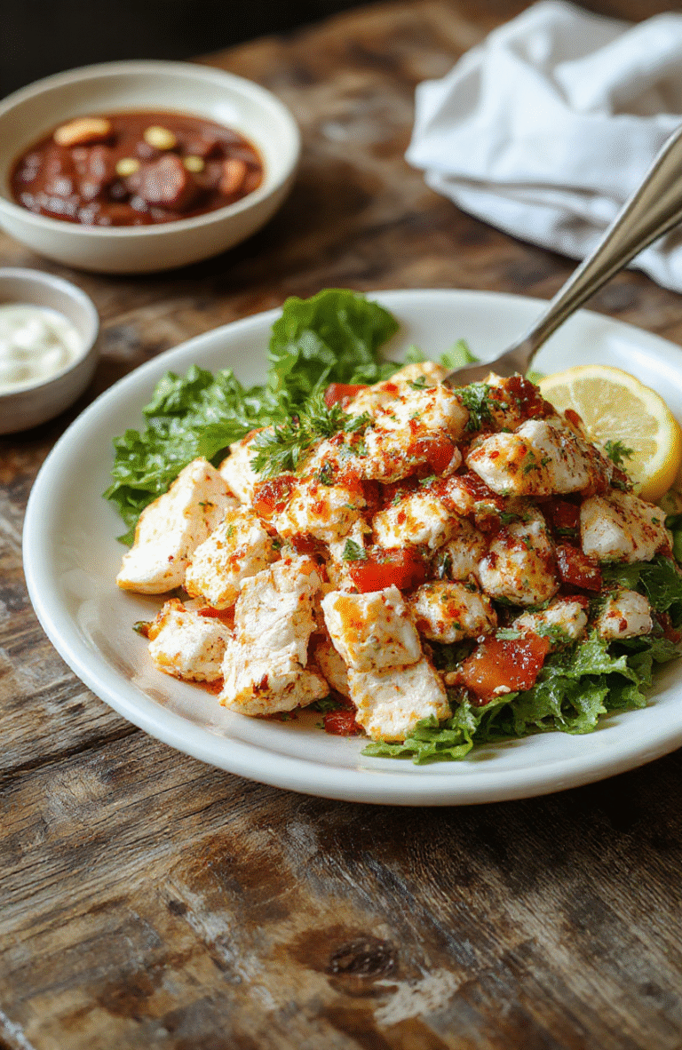 Vibrant southwest chicken salad served in a white bowl, colorful bell peppers, cherry tomatoes, corn, avocado slices, shredded chicken, and cilantro, all drizzled with a tangy dressing on a rustic wooden table.