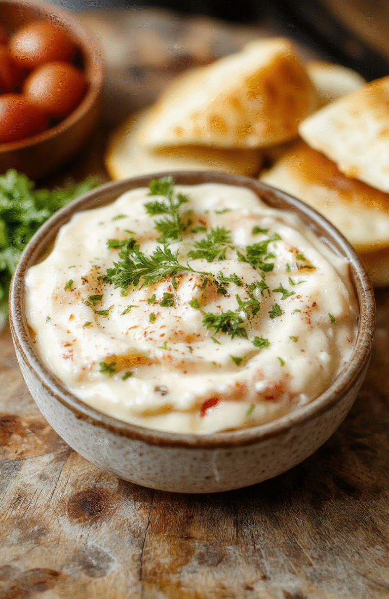 Colorful Caprese Dip served in a white ceramic bowl, topped with fresh basil leaves, cherry tomato halves, and melted mozzarella, garnished with balsamic glaze, styled on a rustic wooden table with a soft-focus background.