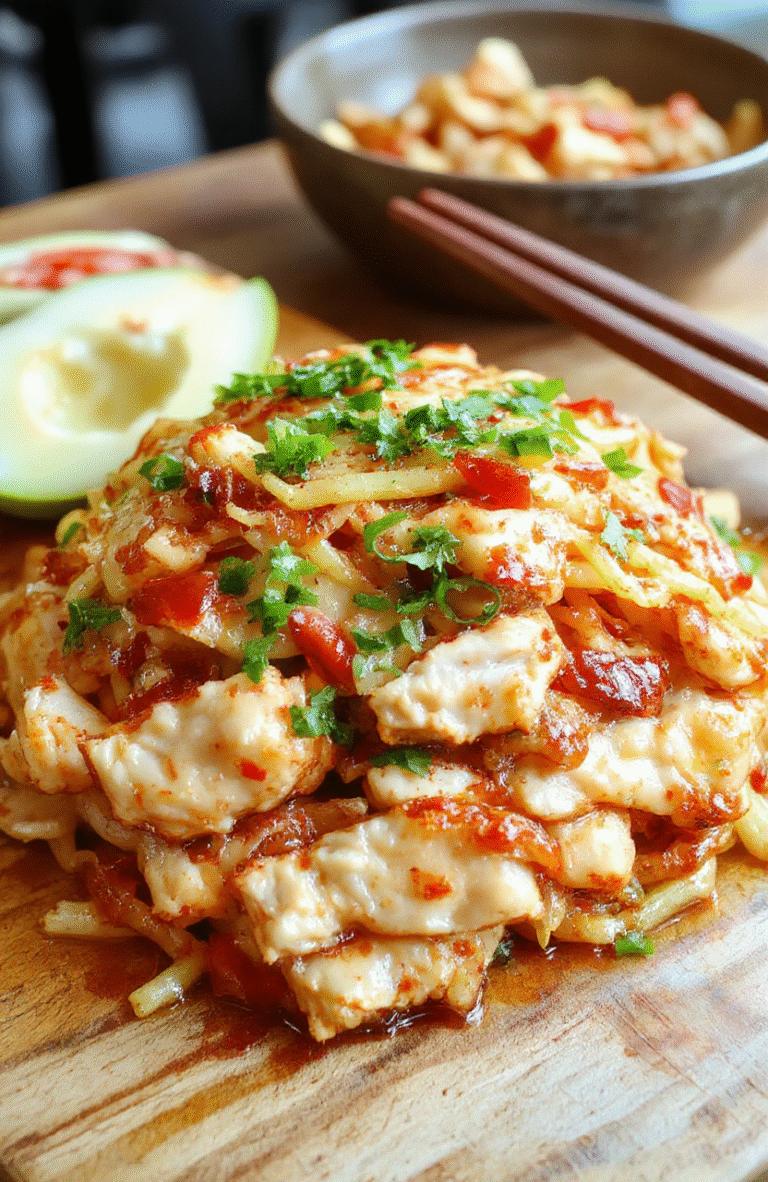 Colorful chicken chow mein dish featuring tender stir-fried chicken, vibrant vegetables, savory noodles with a glossy sauce, garnished with green onions, served on a white plate with a simple background