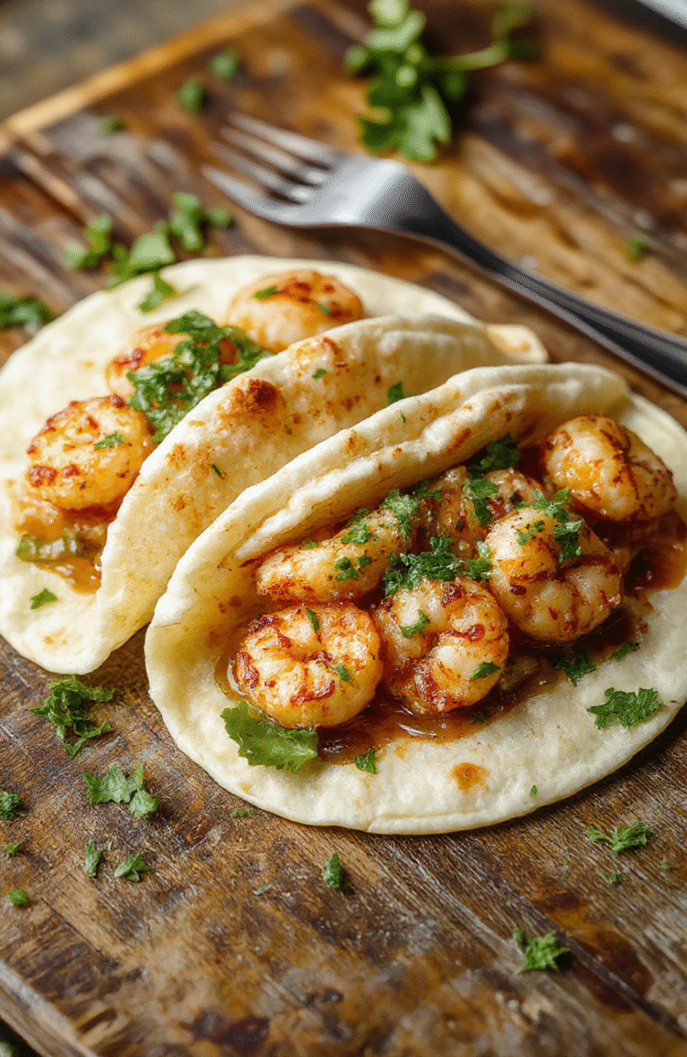 Colorful shrimp tacos plated on a vibrant ceramic plate featuring golden cooked shrimp, fresh green lettuce, diced tomatoes, and drizzled with creamy sauce, set against a rustic wooden background with a lime wedge for garnish