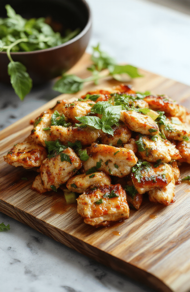 A vibrant plate of Thai basil chicken featuring tender chunks of chicken stir-fried with fresh basil leaves, red bell peppers, and onions, garnished with chopped peanuts. The dish is served on a white ceramic plate, showcasing bright green basil and colorful vegetables, with a glossy sauce that highlights the rich flavors. The presentation is simple yet appetizing, styled casually to emphasize the freshness and spice of the dish.