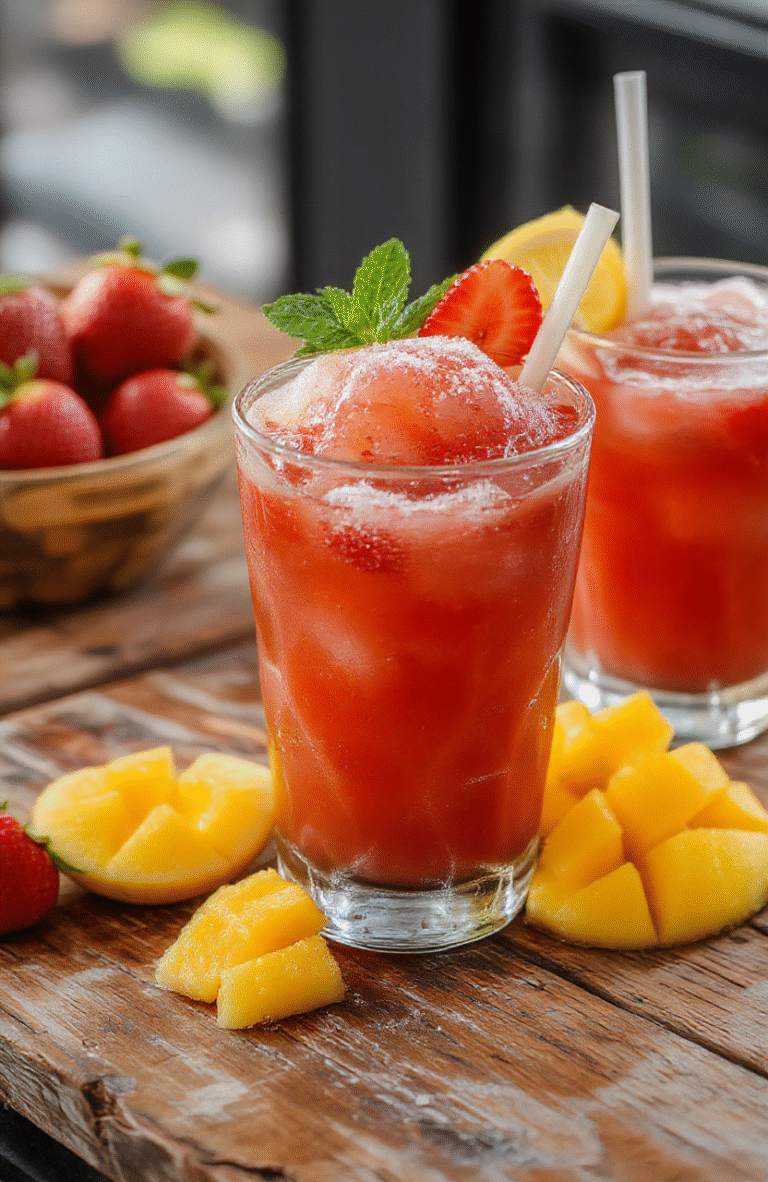 A vibrant glass of frozen mango strawberry lemonade topped with fresh mint, surrounded by sliced strawberries and mango chunks on a bright table, with condensation on the glass and a colorful straw, showcasing the icy, refreshing texture and vivid fruit colors.