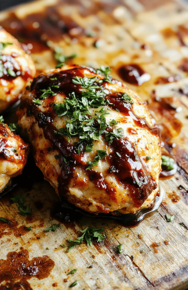 A beautifully plated baked balsamic chicken dish featuring golden-brown, juicy chicken breasts glazed with a shiny balsamic vinegar reduction. The chicken is garnished with fresh herbs and served alongside colorful roasted vegetables on a rustic white plate. The scene is styled simply, highlighting the appetizing textures and vibrant colors of the dish, with a soft focus on the background, emphasizing the homemade appeal.