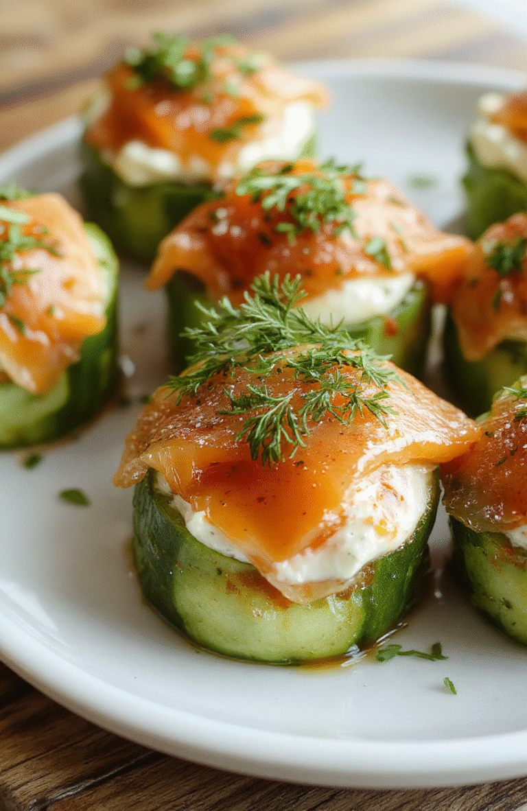 A vibrant plate of cucumber slices topped with delicate smoked salmon, fresh dill, and a dollop of cream cheese, arranged neatly on a white ceramic platter with a soft-focus background, highlighting the fresh ingredients and elegant presentation.