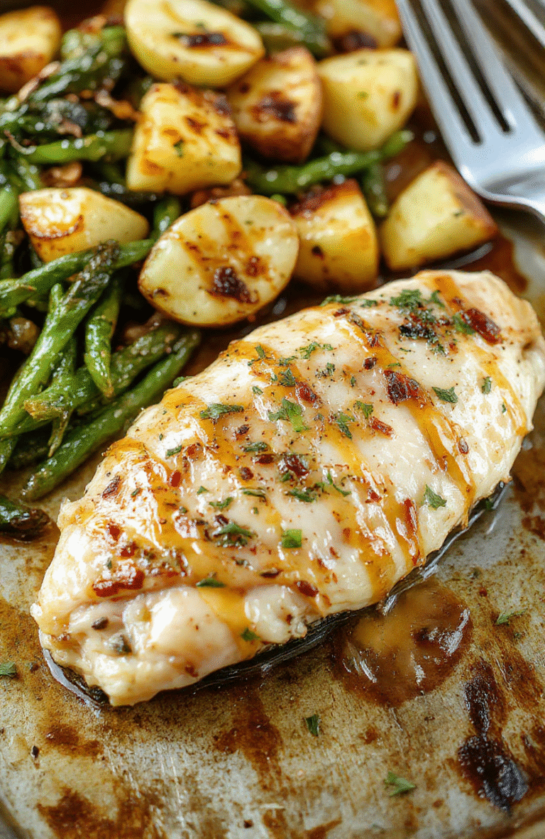 A vibrant sheet pan dinner featuring golden roasted chicken breasts glazed with maple dijon sauce, surrounded by colorful roasted sweet potatoes, green beans, and cherry tomatoes on a rustic baking sheet, styled with fresh herbs for a lively and appetizing presentation.