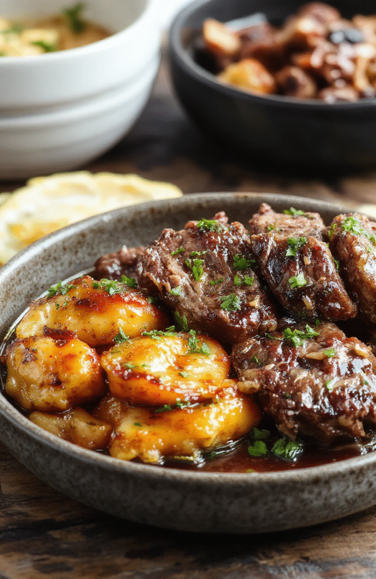 Colorful slices of tender pepper steak arranged on a white plate, surrounded by vibrant bell peppers and onions, with a glossy sauce, garnished with fresh herbs, styled simply on a rustic wooden table