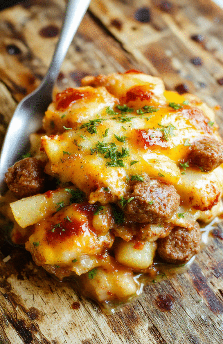 A cozy casserole featuring sliced sausage, golden roasted potatoes, and melted cheese, arranged on a rustic plate with fresh herbs, displayed in warm natural light emphasizing textures and inviting colors.