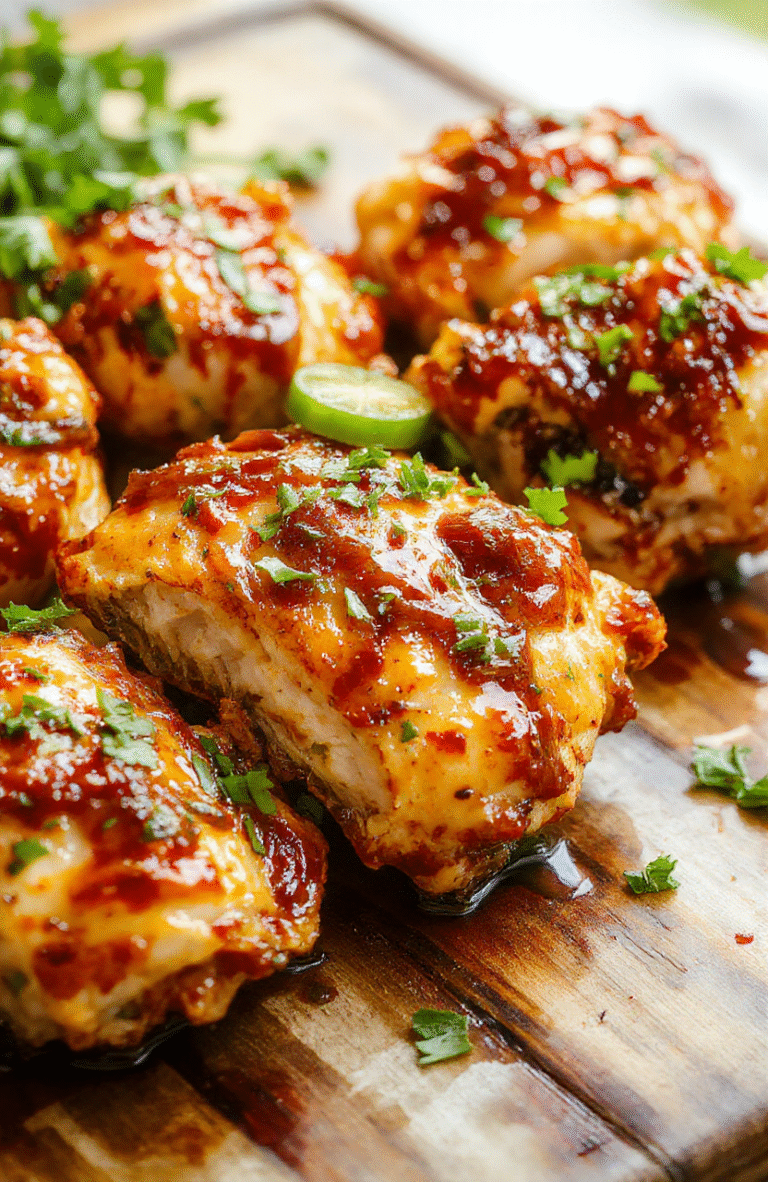 A vibrant plate featuring sliced jalapeño chicken with crispy edges, garnished with fresh cilantro and lime wedges on a rustic wooden table, with a glossy sauce drizzle, surrounded by colorful vegetables and side dishes.