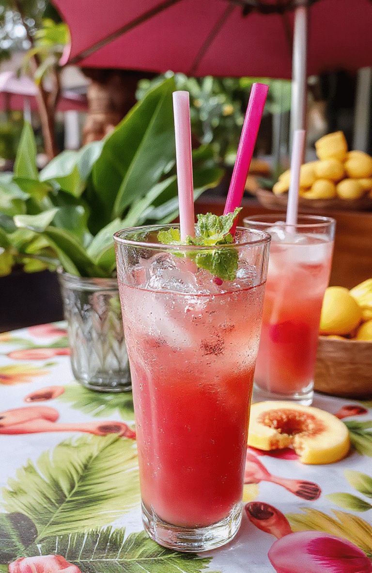 A vibrant pink Pink Flamingo Refresher in a clear glass with ice, garnished with fresh mint and a slice of lime, set on a colorful summer-themed table with a tropical background, emphasizing the refreshing and fruity appearance.