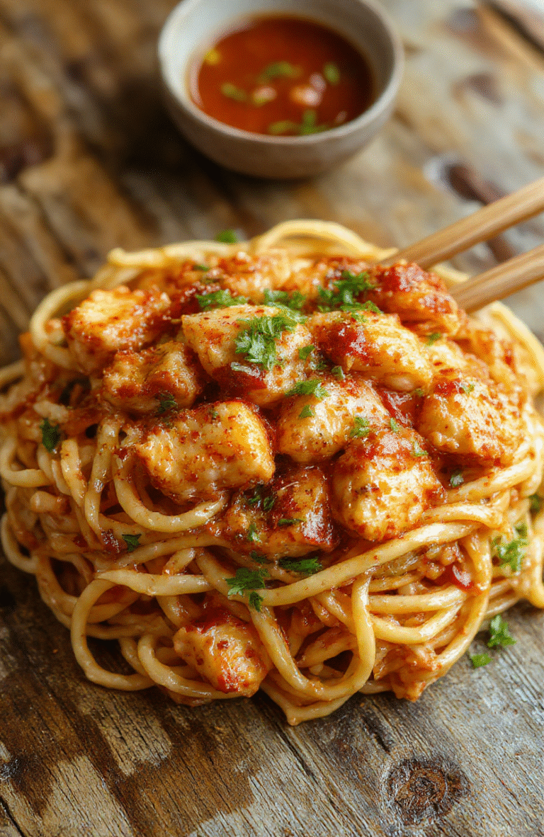 A vibrant plate of sticky garlic chicken noodles with tender chicken slices coated in glossy garlic sauce, mixed with colorful vegetables and perfectly cooked noodles, styled simply on a white dish with fresh herbs, capturing textures of garlic and glossy sauce in natural daylight.