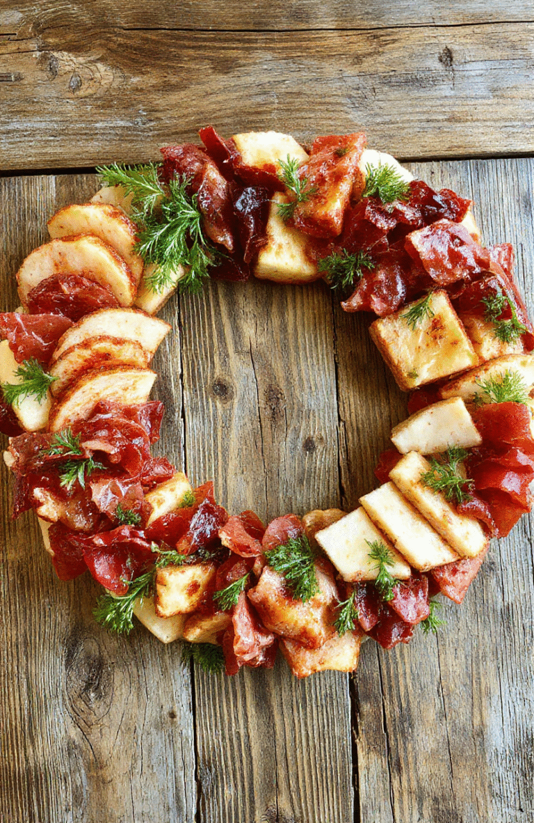 A beautifully crafted charcuterie wreath with an assortment of cured meats, cheeses, fresh fruits, nuts, and herbs arranged in a circular pattern on a rustic wooden board. Vibrant colors of reds, oranges, and yellows from the meats and fruits contrast with the green herbs and neutral cheeses. The presentation is artistic and inviting, perfect for a festive or elegant gathering.