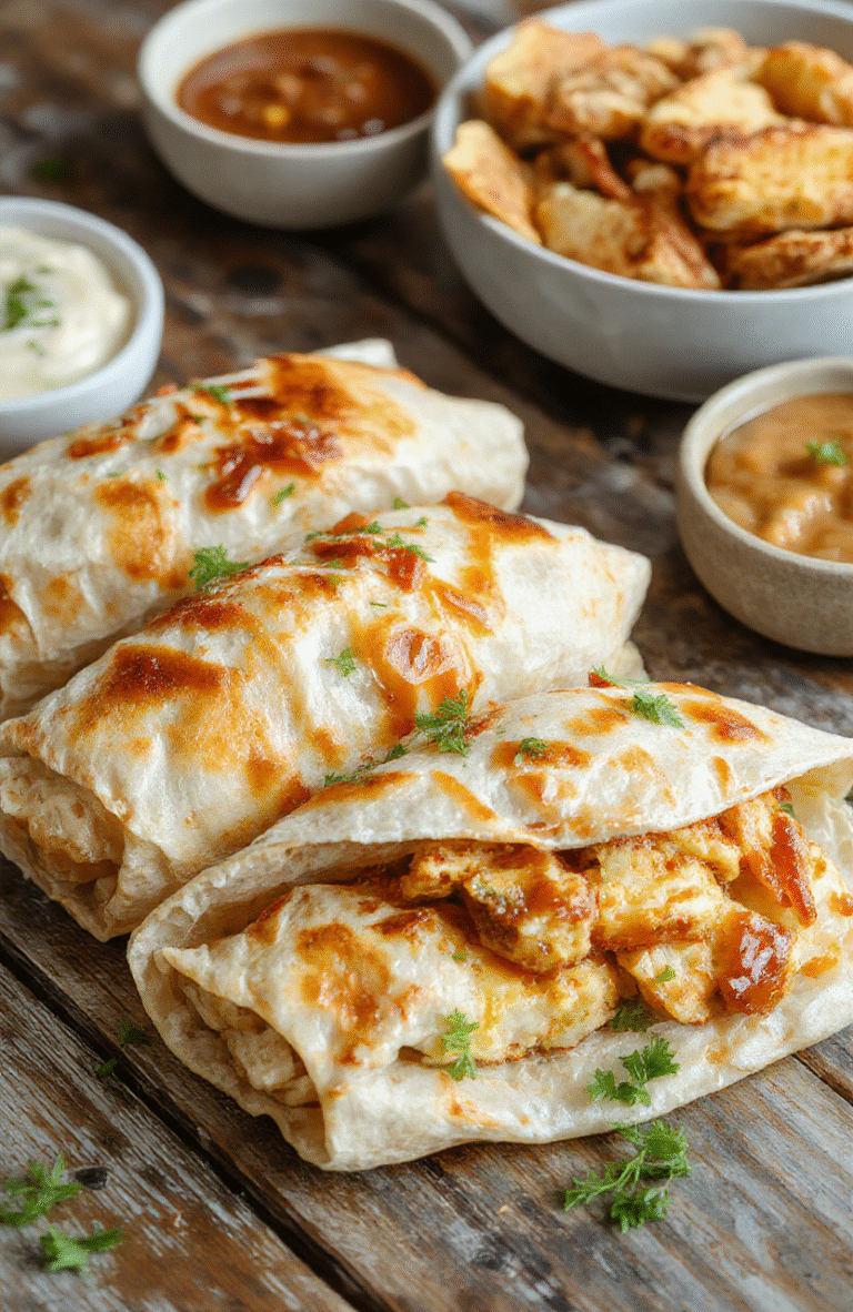A vibrant plate of sweet chili chicken wraps with crispy lettuce, fresh cilantro, and a drizzle of sweet chili sauce. The wraps are sliced to reveal juicy chicken pieces coated in glossy sauce, nestled in soft tortillas with crunchy vegetables, styled on a rustic wooden board with colorful ingredients around.