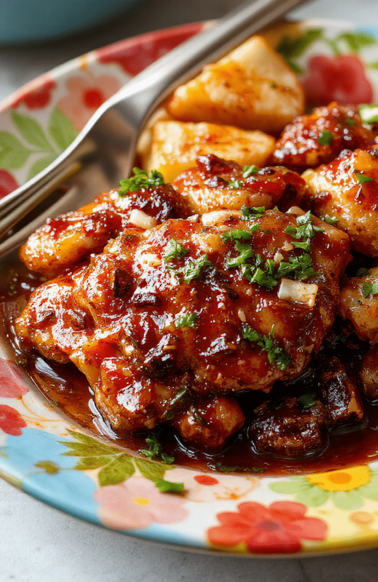 Colorful plate featuring shredded tender chicken glazed with a sweet pineapple sauce, topped with chopped green onions and sesame seeds, served on a vibrant Hawaiian-themed plate with pineapple rings and cilantro garnish, capturing a delicious, juicy, and appetizing appearance with a tropical vibe.