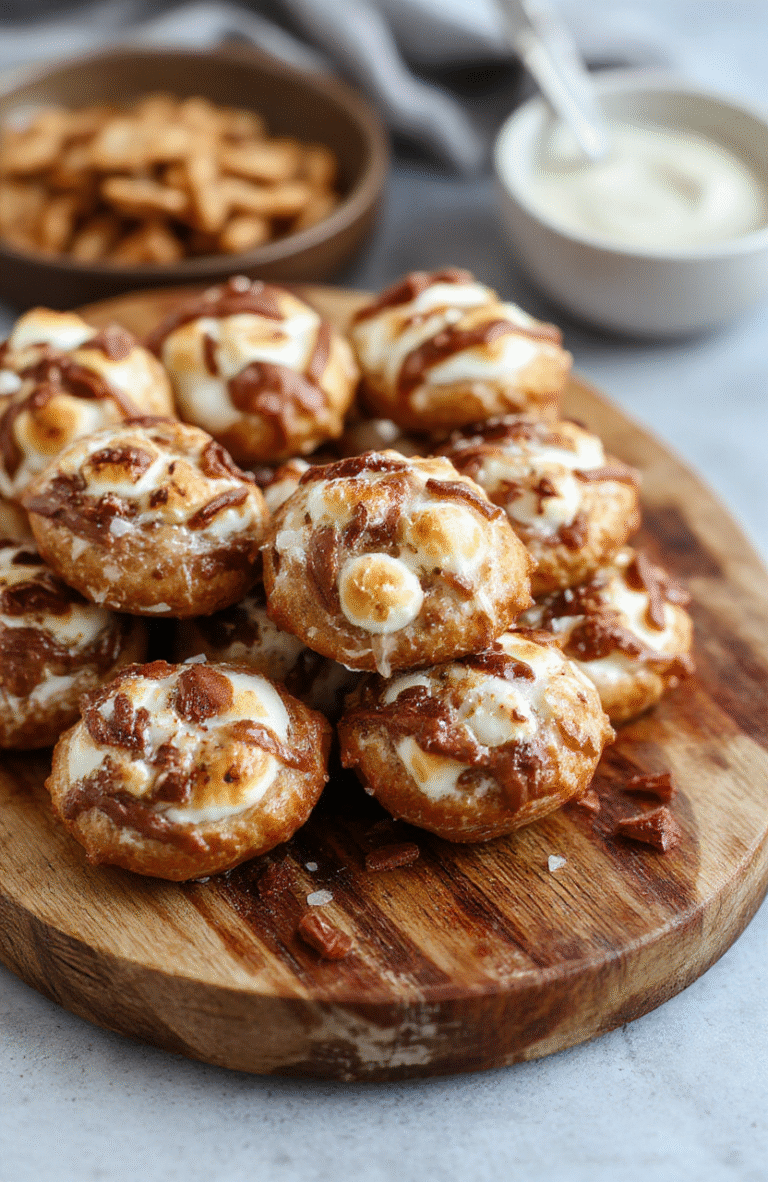An overhead shot of golden-brown pretzel bites topped with melted marshmallow and drizzled chocolate, arranged on a rustic wooden platter with scattered pretzels and marshmallows, capturing textures of crispy pretzels and gooey toppings.