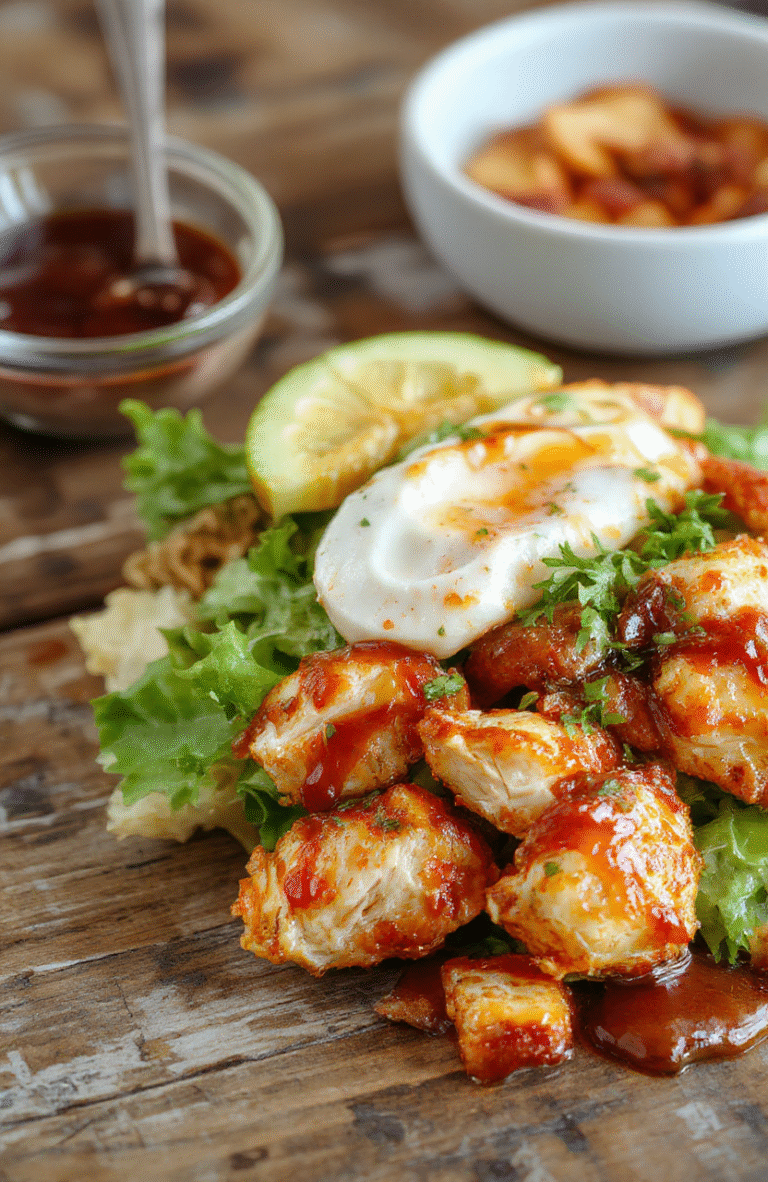A vibrant plate featuring crispy chicken strips coated in a glossy honey hot sauce, topped with fresh greens, colorful cherry tomatoes, and crunchy nuts. The salad is beautifully plated with bright colors and textured ingredients, styled simply on a rustic wooden table with natural daylight highlighting the glossy sauce and fresh garnishes.