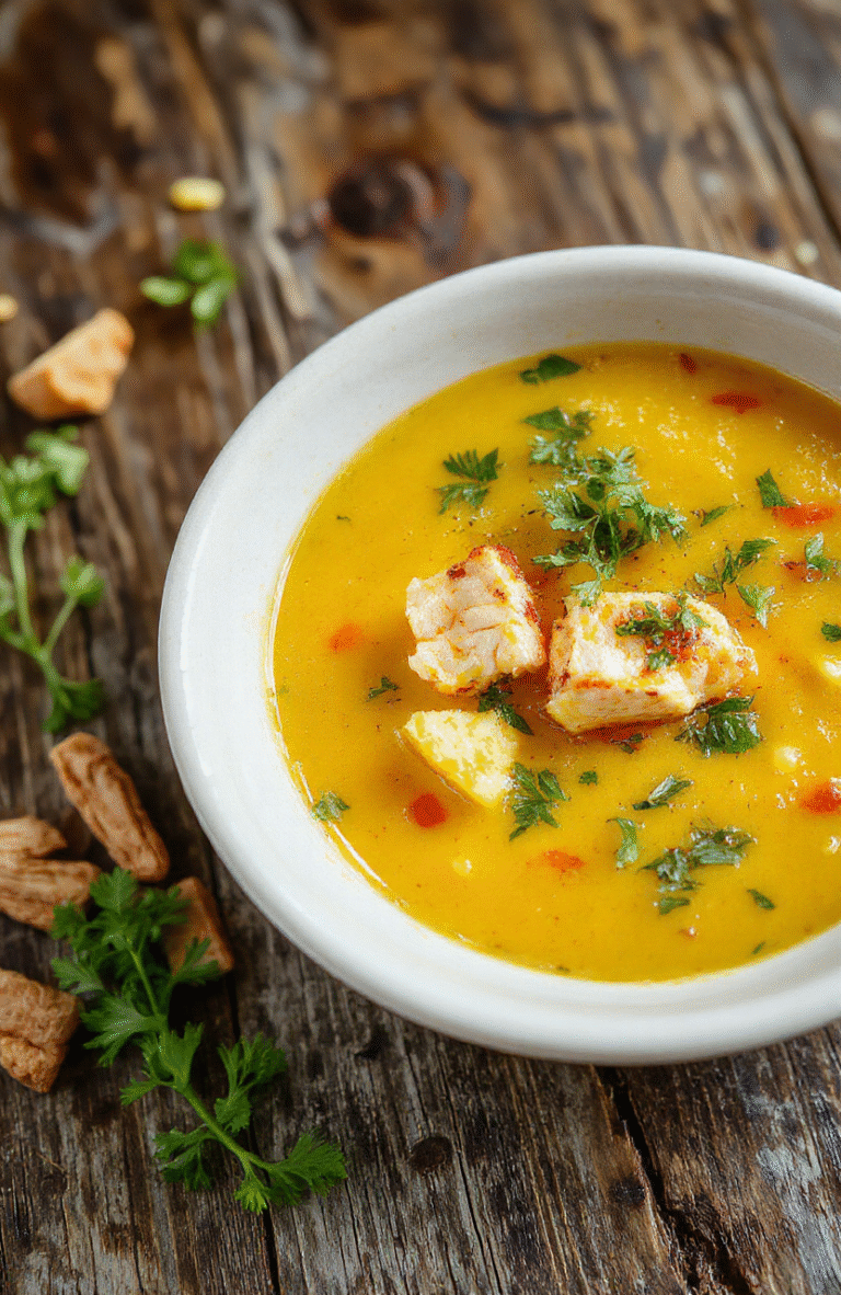 A vibrant bowl of golden turmeric chicken soup topped with fresh herbs, served on a rustic wooden table. The soup has tender chicken pieces, bright orange turmeric broth, and garnished with chopped green onions, creating a warm and inviting presentation with a textured surface.