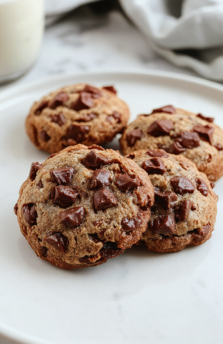 Close-up shot of three golden-brown, slightly domed chocolate chip cookies on a white ceramic plate. Melted chocolate chips peek through crackled surfaces, with a dusty layer of coarse sea salt scattered over the top. A drizzle of caramel sauce pools slightly on the plate beside the cookies. Soft natural daylight highlights the golden crust and glossy chocolate, with warm shadows underneath.