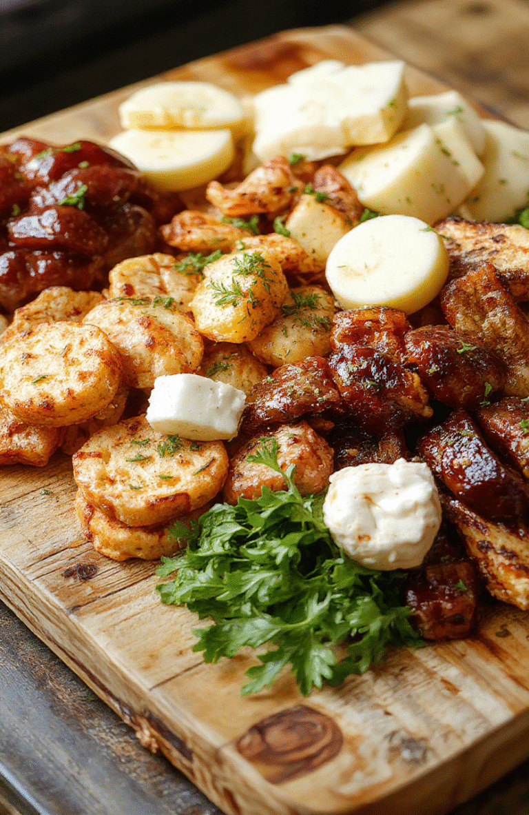 A rustic wooden board topped with a colorful arrangement of cured meats, soft cheeses, hard cheeses, dried fruits, nuts, fresh grapes, cornichons, and honey drizzle, beautifully arranged in small piles and sections with natural texture contrast and vibrant colors