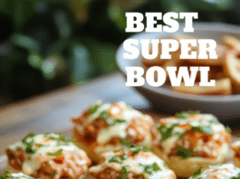 Bursting with color and flavor: a rustic wooden board overflowing with diverse Super Bowl appetizers — spicy buffalo wings with golden crust, creamy spinach-artichoke dip in a bread bowl, zesty jalapeño poppers, crisp veggie skewers with rainbow peppers, and tangy BBQ pulled pork sliders. Fresh herbs, edible flowers, and a few colorful napkins add festive charm against a softly blurred background.