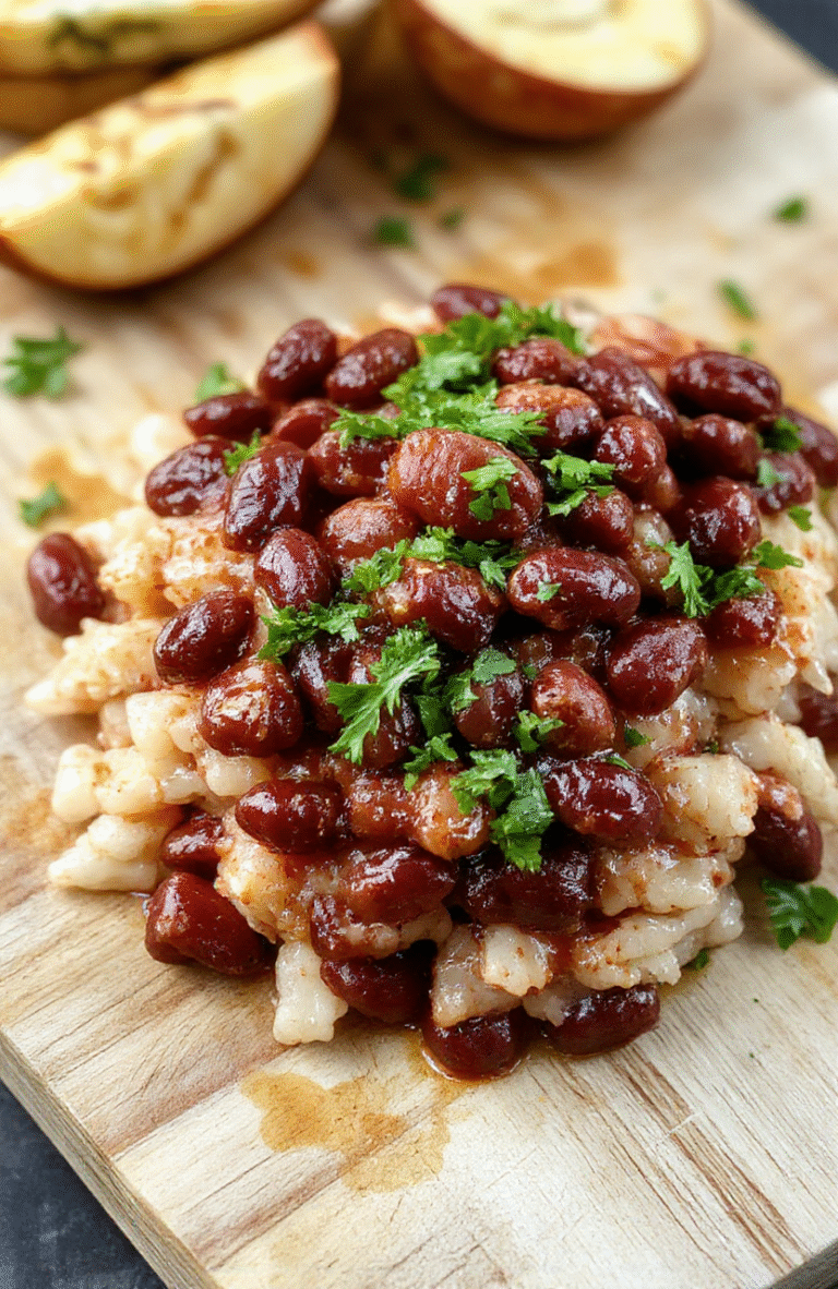 A steaming bowl of creamy red beans with tender smoked sausage, bell peppers, onions, and celery, served over fluffy white rice in a rustic ceramic bowl on a wooden table with a sprinkle of green onions and a wedge of lemon on the side.