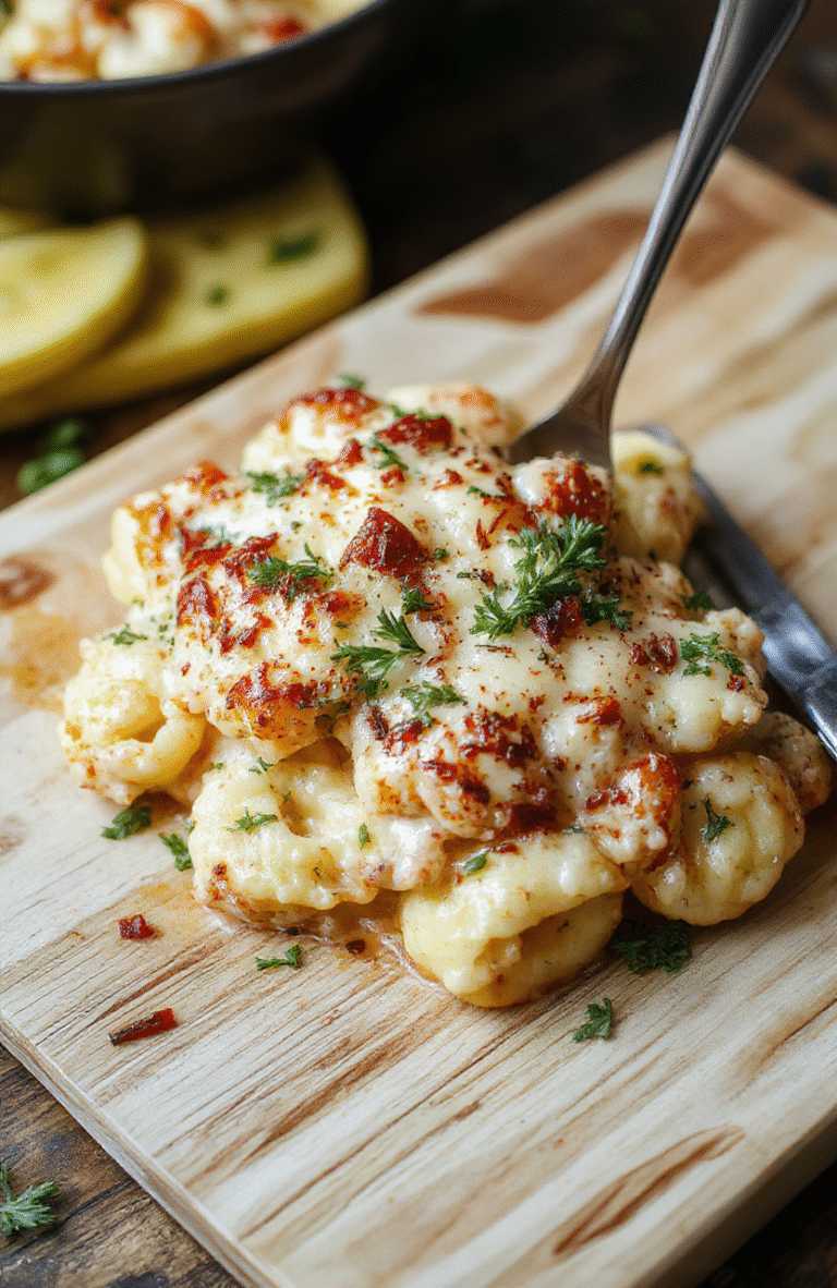 Golden-brown cheesy baked tortellini casserole in a deep ceramic dish, topped with melted mozzarella and parmesan, bubbling at the edges, with tender cheese-filled pasta peeking through, garnished with fresh Basil and a drizzle of olive oil, on a rustic wooden table in soft natural light.