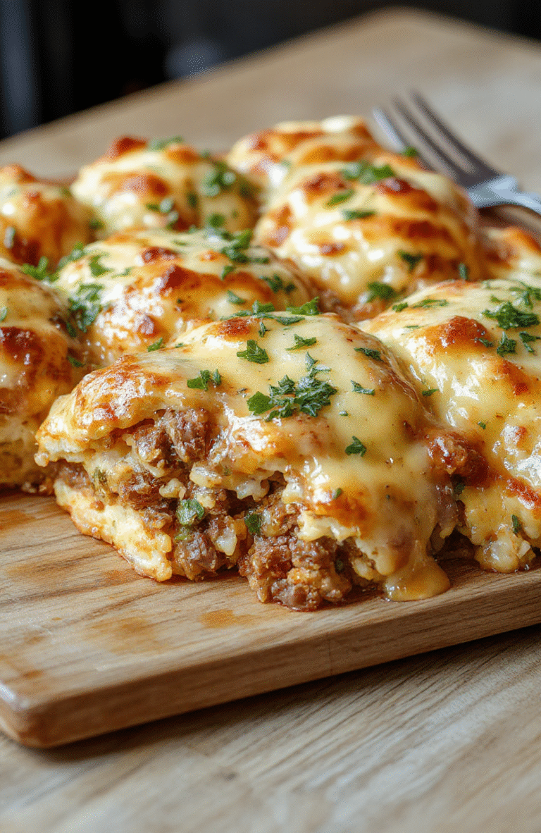 Golden-brown, flaky biscuit topping covering a bubbling, cheesy layer of pizza casserole with ground beef, red sauce, bell peppers, and pepperoni, served in a rustic ceramic dish on a wooden table with fresh basil garnish and melted cheese strings.