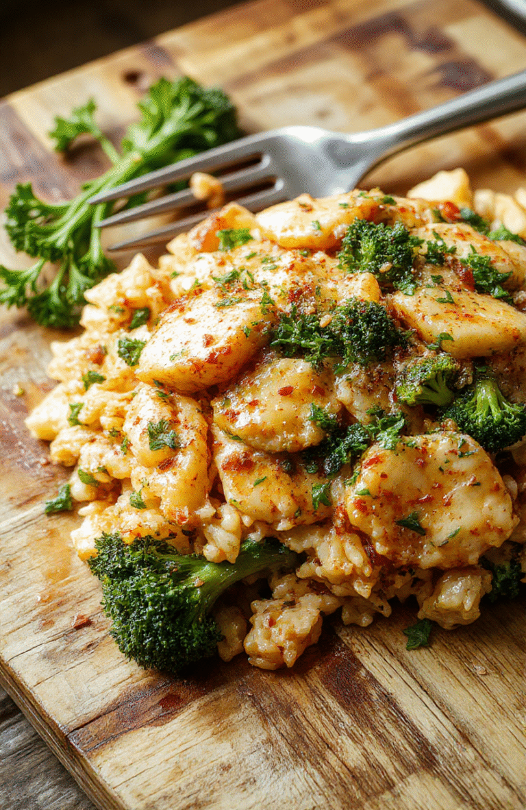 Golden-brown baked casserole of fluffy rice, tender chicken pieces, bright green broccoli florets, and melted mozzarella and cheddar cheese bubbling on top, served in a cast iron skillet on a wooden table with soft natural light, garnished with fresh parsley.
