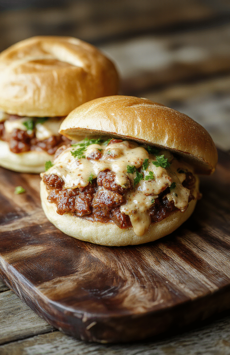 Close-up of two open-faced cheesy French onion sloppy joes on toasted whole grain buns, oozing with browned beef, caramelized onions, melted Gruyère and cheddar cheese, fresh parsley garnish, rustic wooden board background.