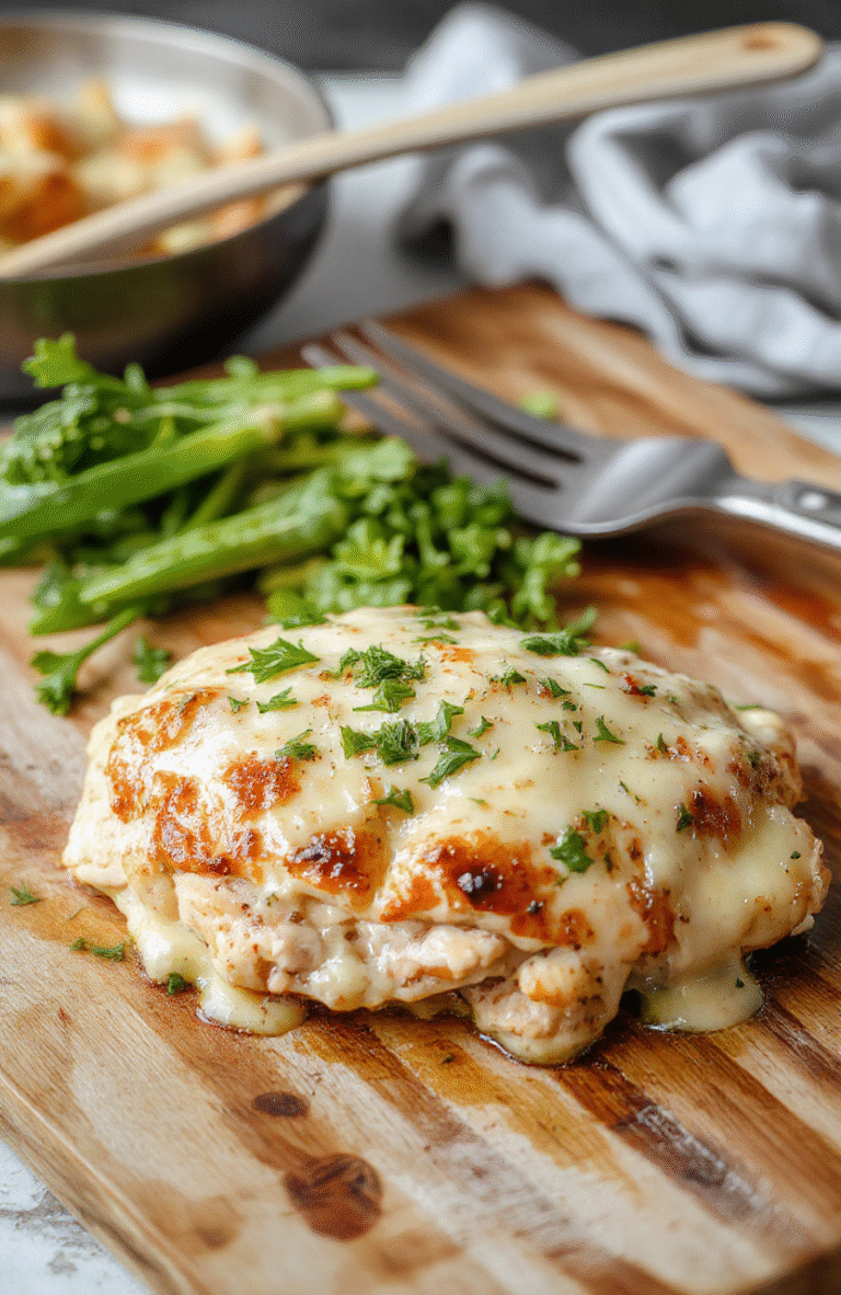 Golden-brown baked chicken thighs covered in creamy garlic parmesan sauce, garnished with fresh parsley and roasted cherry tomatoes, served on a crisp foil-lined sheet pan with rustic wooden spoon beside it.