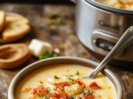 Creamy golden cheesy potato soup with melted shredded cheddar visible on top, garnished with chopped fresh chives and crispy baked hashbrown bits scattered on the surface, served in a rustic white ceramic bowl on a wooden table with soft natural light background.