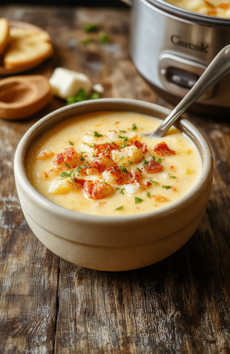 Creamy golden cheesy potato soup with melted shredded cheddar visible on top, garnished with chopped fresh chives and crispy baked hashbrown bits scattered on the surface, served in a rustic white ceramic bowl on a wooden table with soft natural light background.