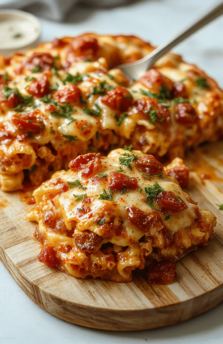 A bubbling cheesy rotel pasta bake in a cast iron skillet, with golden-brown melted cheese on top, vibrant red and green tomato pieces mixed with elbow macaroni, fresh cilantro garnish, and a sprinkle of crushed red pepper flakes, served with a side of crusty bread on a rustic wooden table.