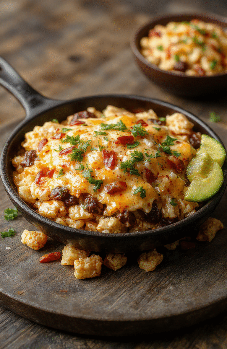 A steaming generous skillet of cheesy taco rice in a dark cast iron pan on a rustic wooden table; layers of fluffy rice, seasoned ground beef, bright red bell peppers, green onions, black beans, and melted cheddar cheese, with a sprinkle of cilantro on top, soft natural light casting warm shadows.