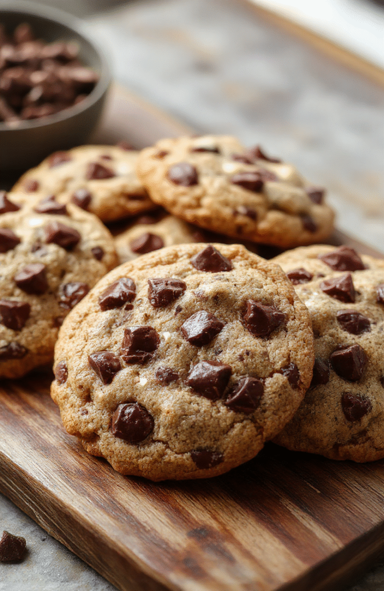 Golden-brown chewy chocolate chip cookies on a wire cooling rack, with melty chocolate chips and softly cracked edges, dusted lightly with powdered sugar, shot in natural daylight with soft shadows