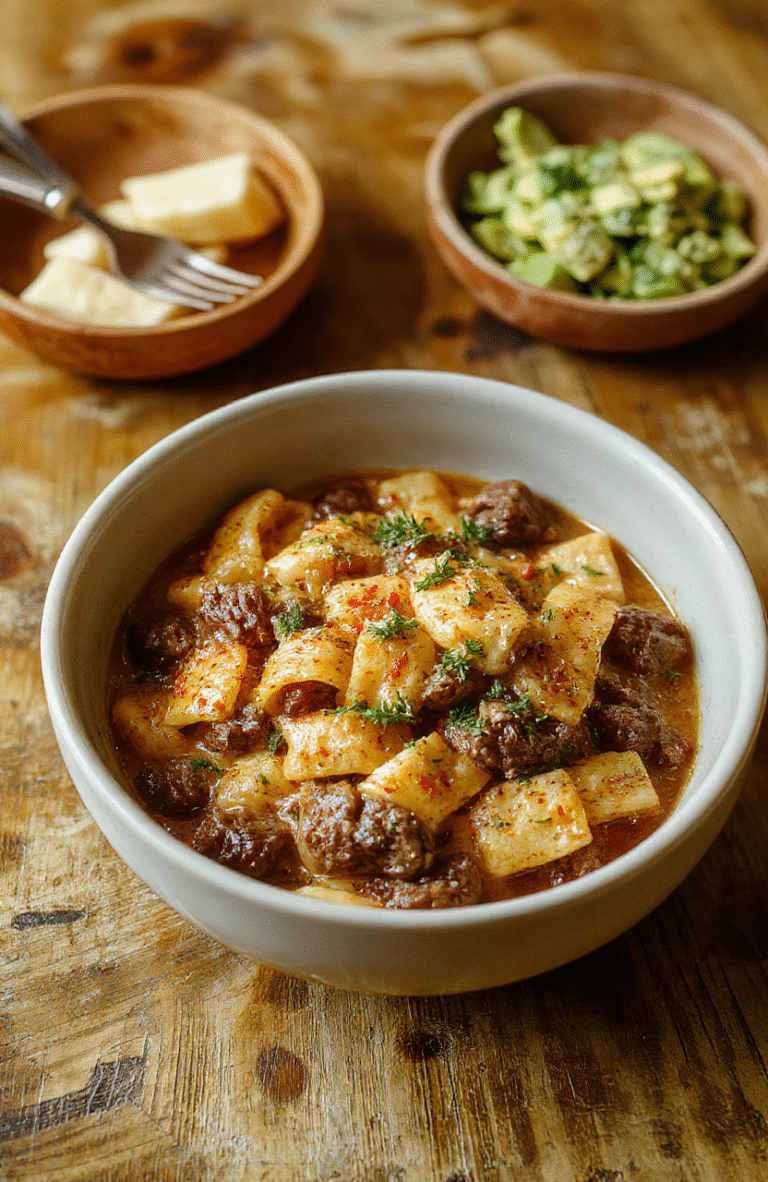 A steaming bowl of creamy beef pasta in the center of a rustic wooden table, topped with freshly grated Parmesan and chopped parsley, tender pasta coils wrapped around rich, savory beef chunks in a glossy garlic-cream sauce, with a light garnish of red pepper flakes and a sprig of parsley beside it.