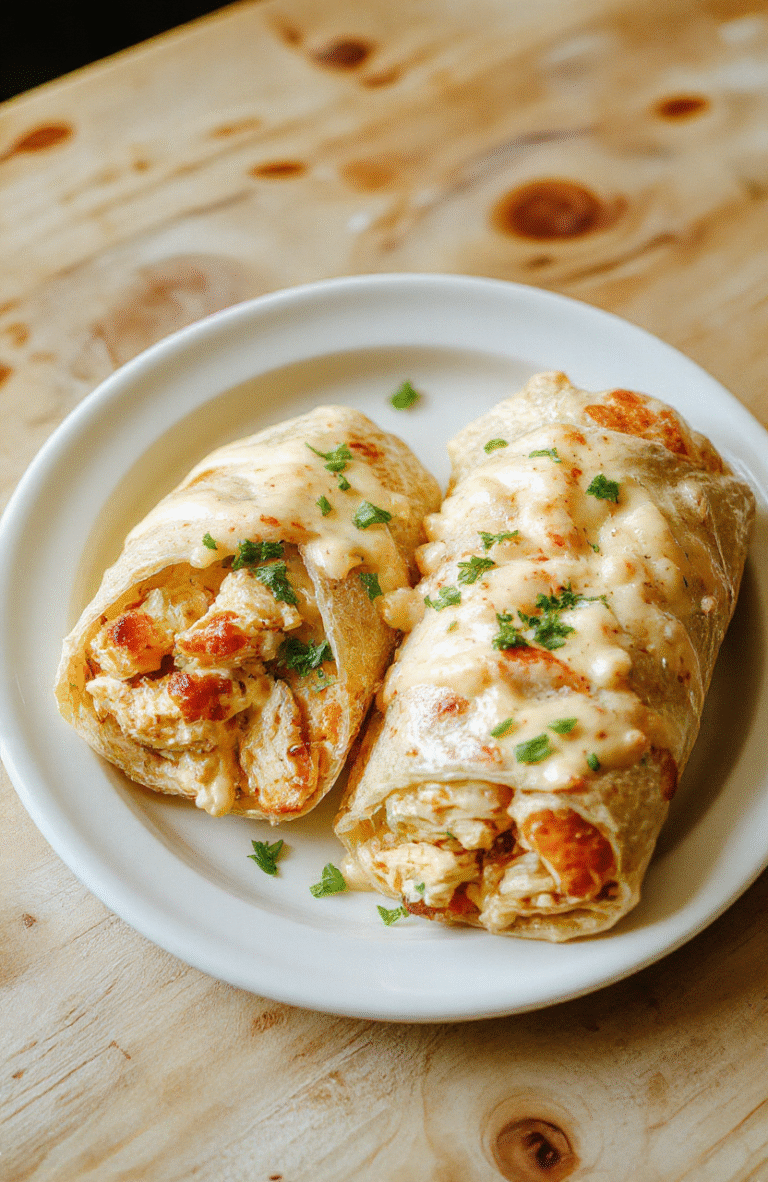 Golden-brown flour tortilla wrap wrapped in parchment paper, sliced in half to reveal layers of shredded grilled chicken, meltedched sharp cheddar and cream cheese blend, spinach, and cherry tomatoes peeking out, with a drizzle of garlic aioli on a rustic wooden board, soft natural light, shallow depth of field, fresh herbs scattered nearby.
