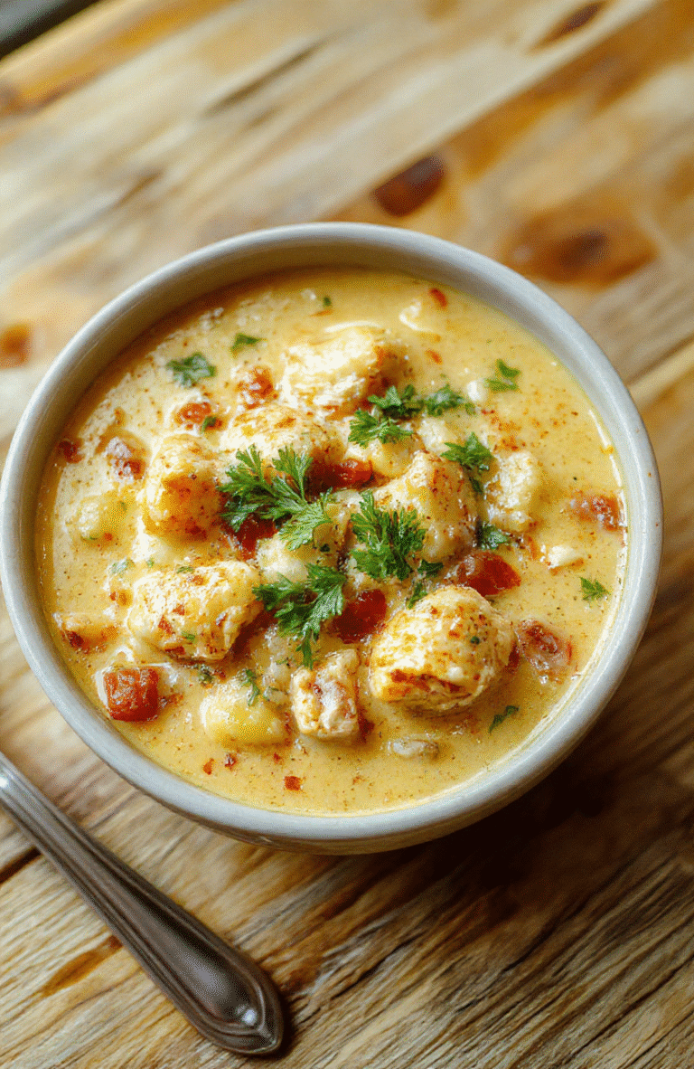A steaming bowl of creamy chicken enchilada soup garnished with shredded lettuce, diced avocado, fresh cilantro, and a drizzle of sour cream, served alongside a warm tortilla chip on a rustic wooden table under soft natural daylight.