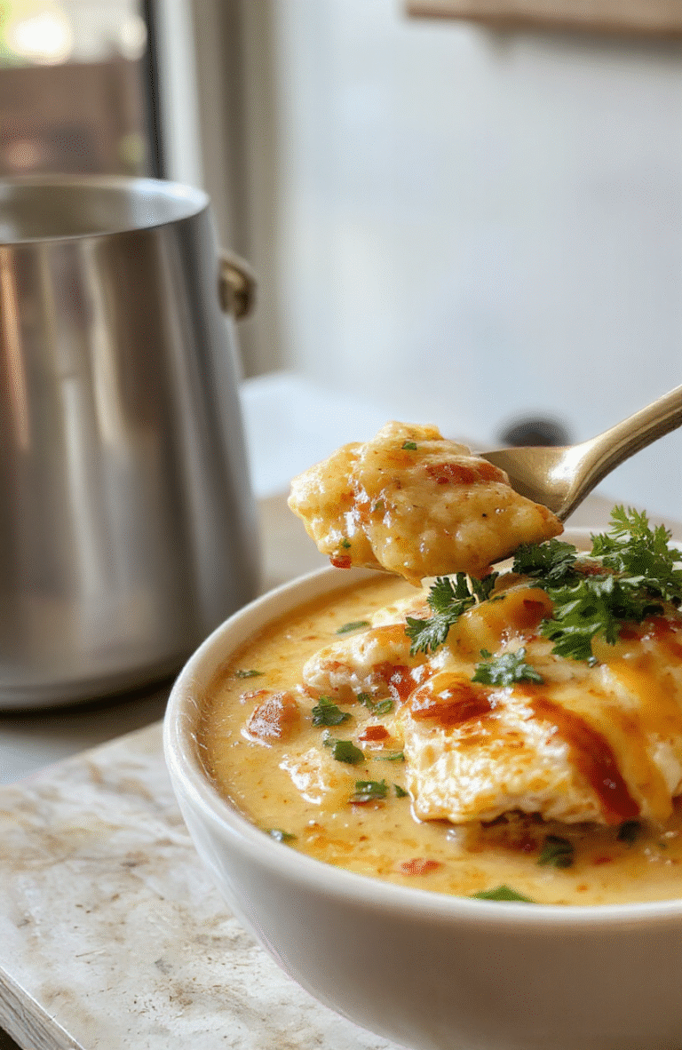 A steaming bowl of creamy enchilada soup garnished with shredded rotisserie chicken, diced avocado, crumbled queso fresco, fresh cilantro, and a drizzle of sour cream, served in a rustic ceramic bowl against a soft natural wood tabletop with subtle steam rising.