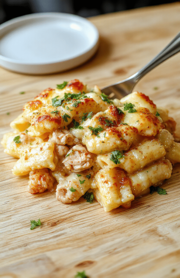 A bubbling pot of creamy chicken pot pie pasta with tender chicken pieces, soft carrots, peas, and al dente pasta in a golden cheese-infused 白 sauce, garnished with fresh parsley, served in a rustic ceramic bowl on a wooden table