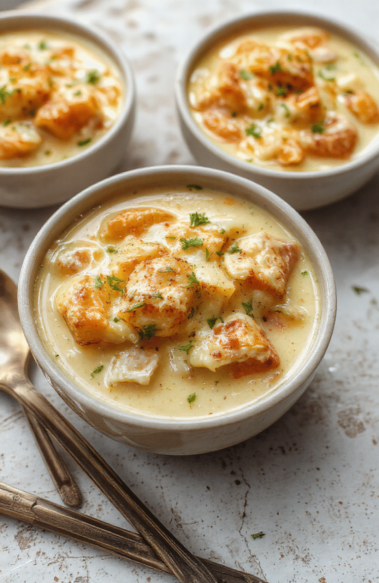 Rich and creamy chicken pot pie soup served in a rustic white ceramic bowl, garnished with fresh parsley and cracked black pepper, featuring tender chunks of chicken, soft carrots, peas, and fluffy potato bits in a velvety white sauce against a soft blurred backdrop of kitchen linens.