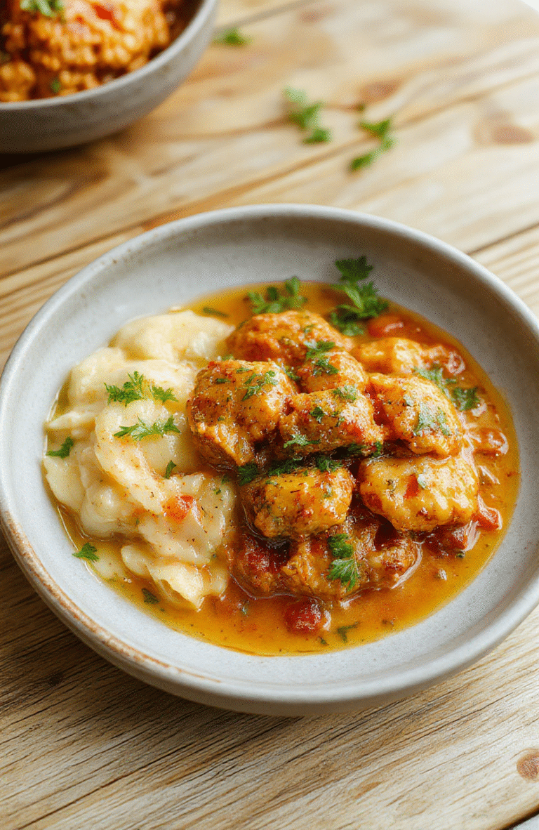 A vibrant, creamy chicken tikka masala served in a white ceramic bowl, garnished with fresh cilantro and sliced fenugreek leaves, with fragrant basmati rice on the side; golden-orange sauce with tender, charred chicken pieces, soft textures and rich color contrast