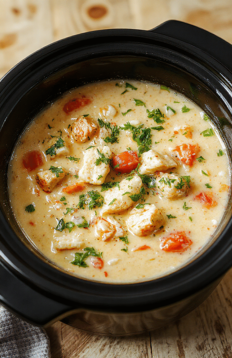 A steamy bowl of creamy chicken wild rice soup topped with fresh parsley and a drizzle of olive oil, served in a rustic ceramic bowl on a wooden table alongside crusty bread