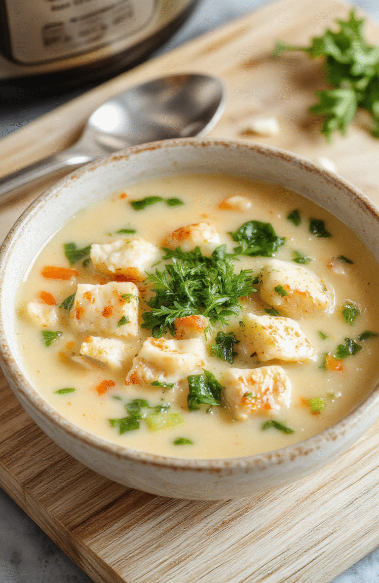 A bowl of rich, creamy chicken and spinach soup served in a white ceramic bowl, garnished with fresh parsley and a drizzle of olive oil. Colorful swirls of green from spinach and earthy tones of carrots and celery visible in the creamy broth. Soft natural daylight highlights the textured surface and creamy consistency.