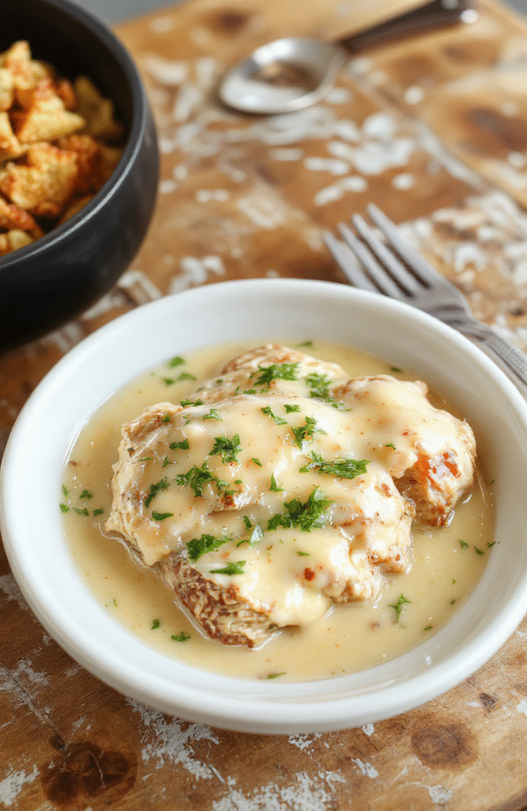 Golden-brown seared chicken thighs served over fluffy mashed potatoes, smothered in rich, velvety creamy mushroom gravy with flecks of fresh thyme, garnished with parsley, on a rustic white ceramic plate against a warm wooden table.