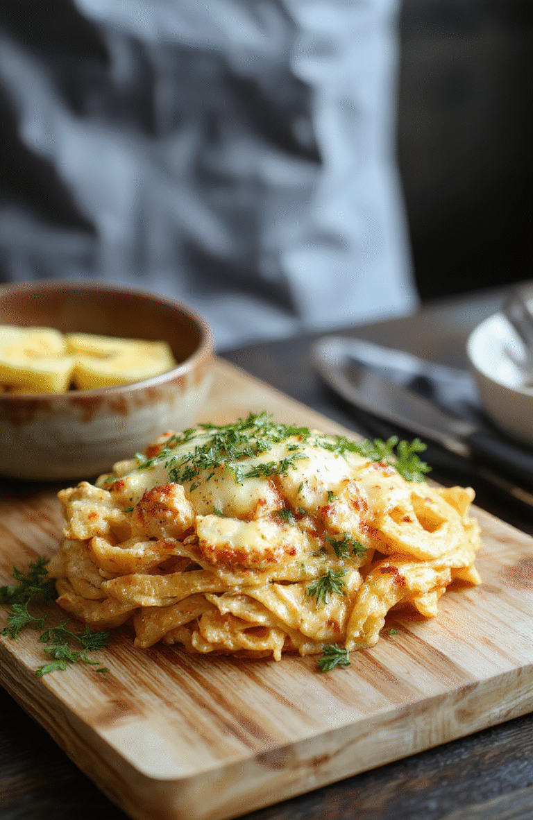 Creamy cowboy butter chicken pasta served in a shallow white bowl, featuring tender chicken pieces, al dente fusilli pasta coated in a golden buttery garlic cream sauce, flecks of parsley, and a sprinkle of grated Parmesan, with a rustic wooden spoon resting beside it on a light oak cutting board.