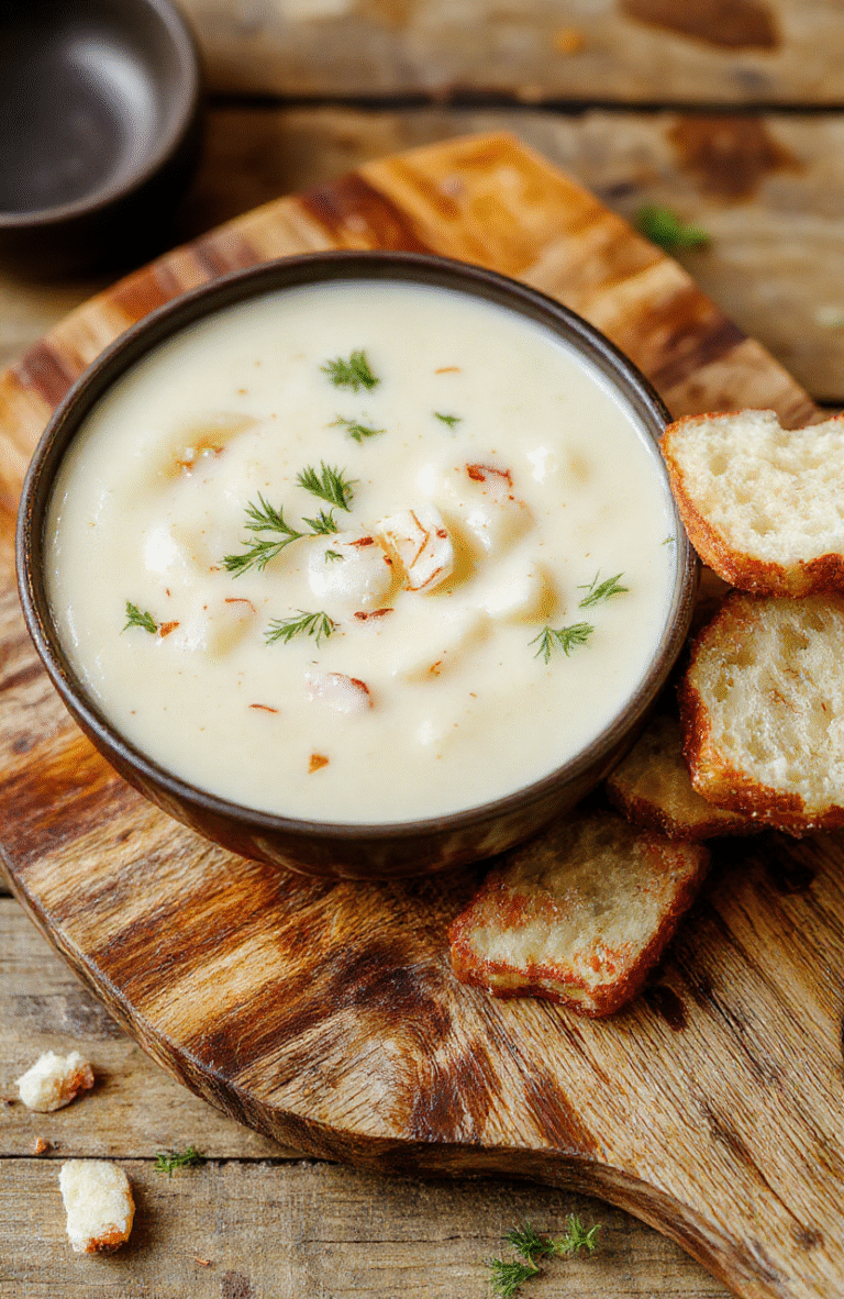 A steaming bowl of creamy crockpot potato soup with visibly tender cubed potatoes, small flaked bits of crispy bacon on top, a drizzle of dark green chopped chives, and a swirl of sour cream, served in a rustic white ceramic bowl against a warm wood table background.