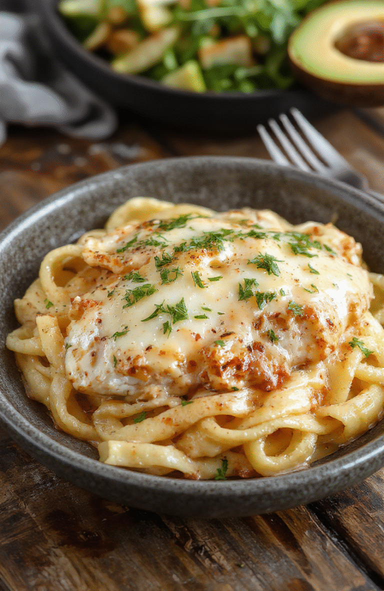 Golden-brown seared chicken breasts topped with a rich, glossy garlic parmesan sauce, drizzled with fresh parsley and grated Parmesan, served over al dente fettuccine in a white ceramic bowl against a warm wooden background.