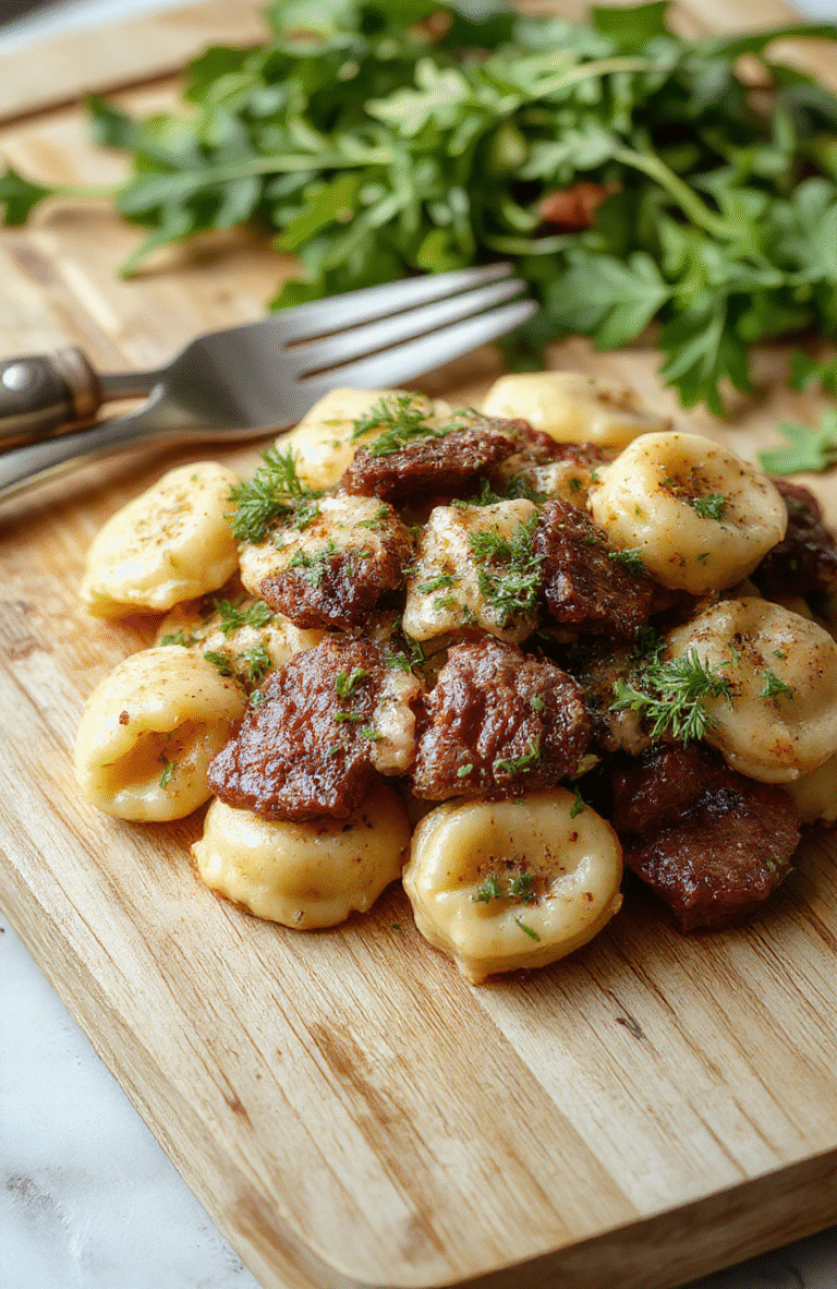 A steaming bowl of creamy garlic steak tortellini garnished with fresh parsley and grated parmesan, with tender golden-brown steak slices and plump cheese-filled pasta sitting in a rich, pale golden garlic cream sauce, drizzled with olive oil and scattered with cracked black pepper on a rustic wooden board.